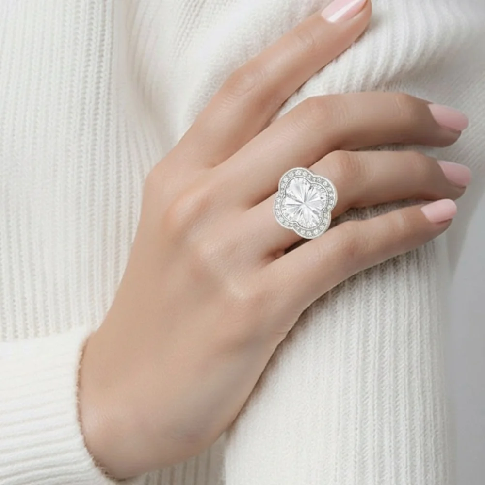 The Sophisticate Ring Swarovski size 6 7 or 8 made with rhodium & white crystals